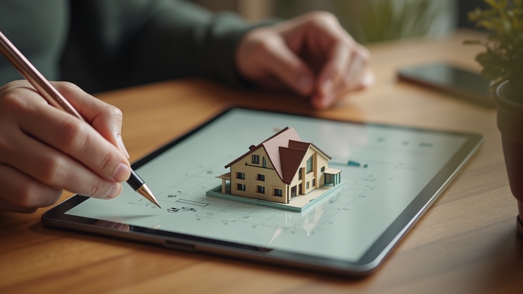 Overhead flat-lay of a wooden desk with a laptop displaying a 3D architectural home model, a ceramic coffee cup, and an open notebook, capturing the iterative stage of an AI 3D rendering session.