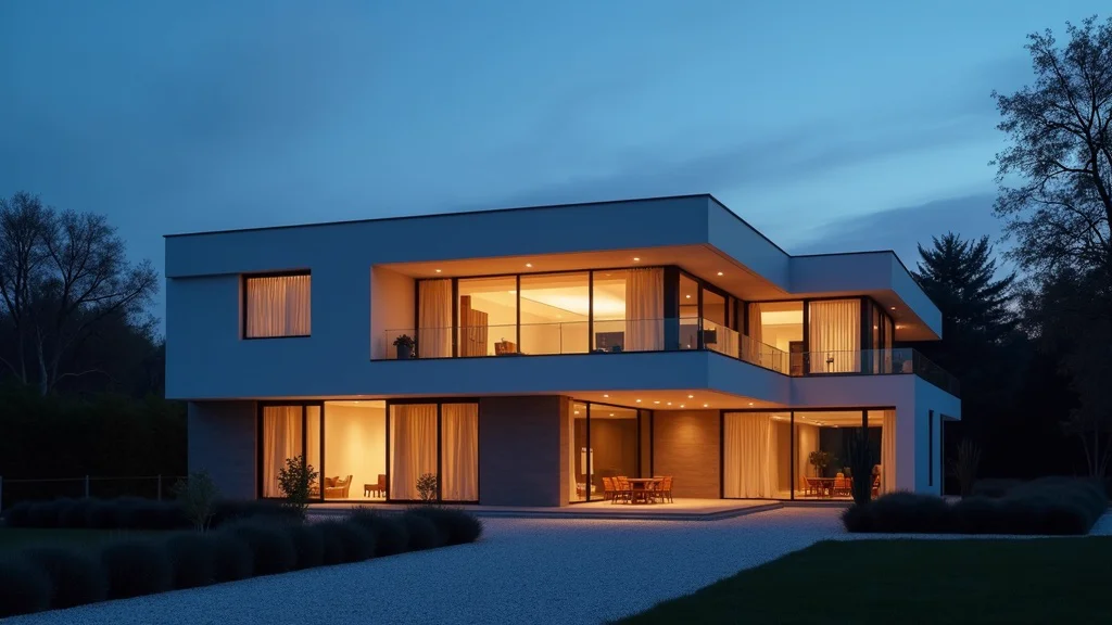 A minimalist modern home exterior at blue hour with the interior warmly lit through floor-to-ceiling windows, the outcome AI exterior and lighting tools are tuned to produce.