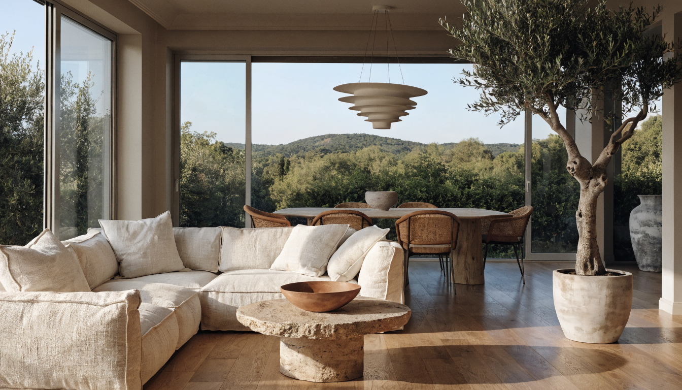 Open-plan modern living and dining room with warm oak flooring and a sculptural pendant light, illustrating the kind of spatial outcome AI house plan tools target.