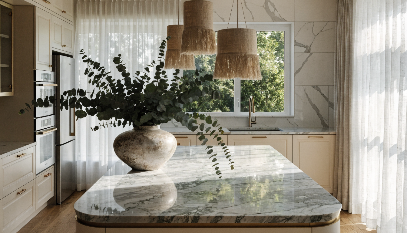 A modern minimalist kitchen with cream cabinetry, a marble island, and brass pendant lights, showing the level of design detail that follows once a plan is locked in.