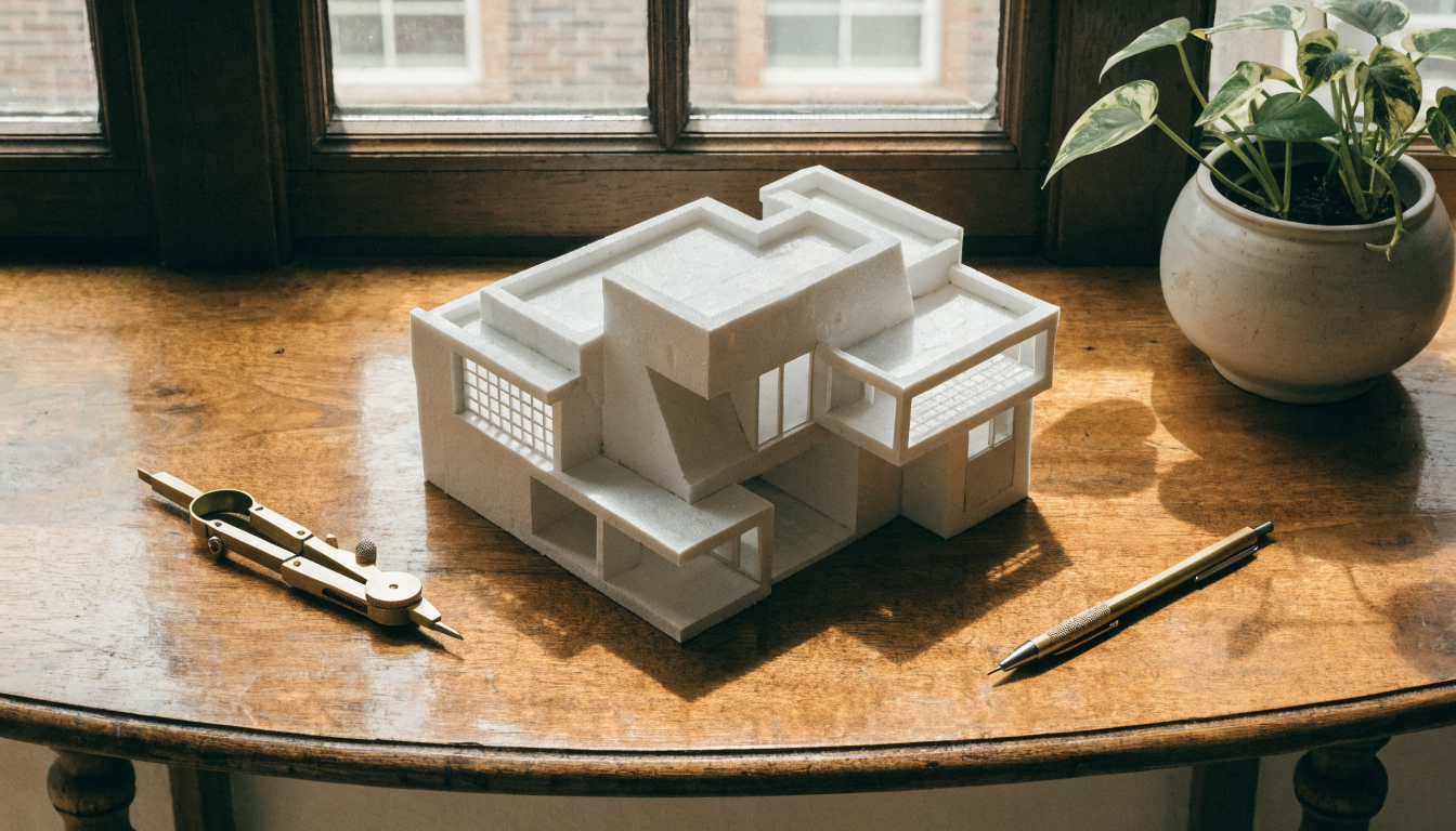 A miniature white architectural model of a modern home on a warm wooden desk, shown with a brass compass and pencil, representing the iteration stage of the AI house plan workflow.