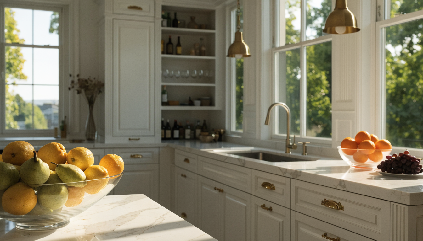 A modern white kitchen with open shelving and natural light streaming in from a large window, showing a clean minimalist layout.