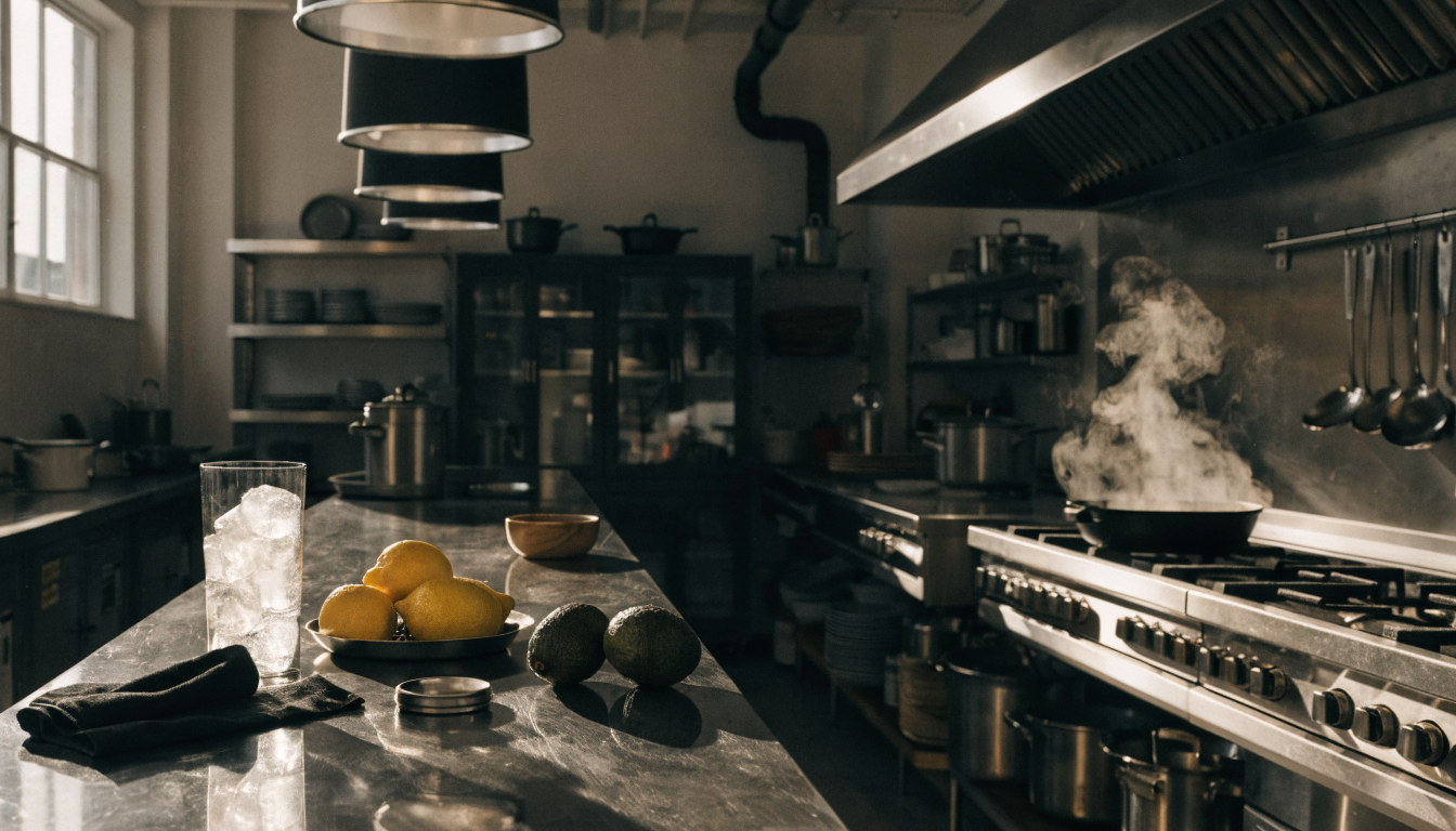 An industrial-style kitchen with black fixtures, wood accents, and pendant lighting over a central island.