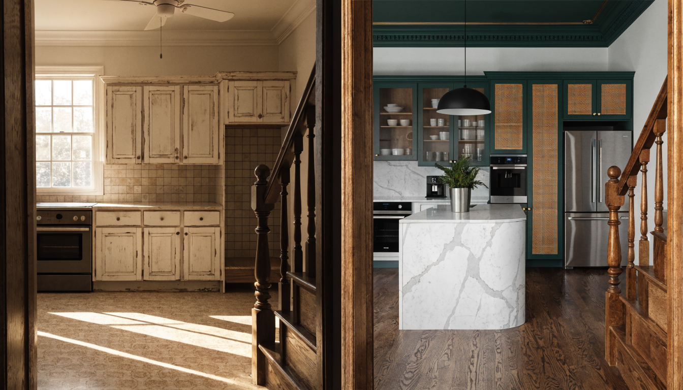 Split-screen before and after of a kitchen remodel, showing the transformation from dated cabinetry to a bright contemporary space.