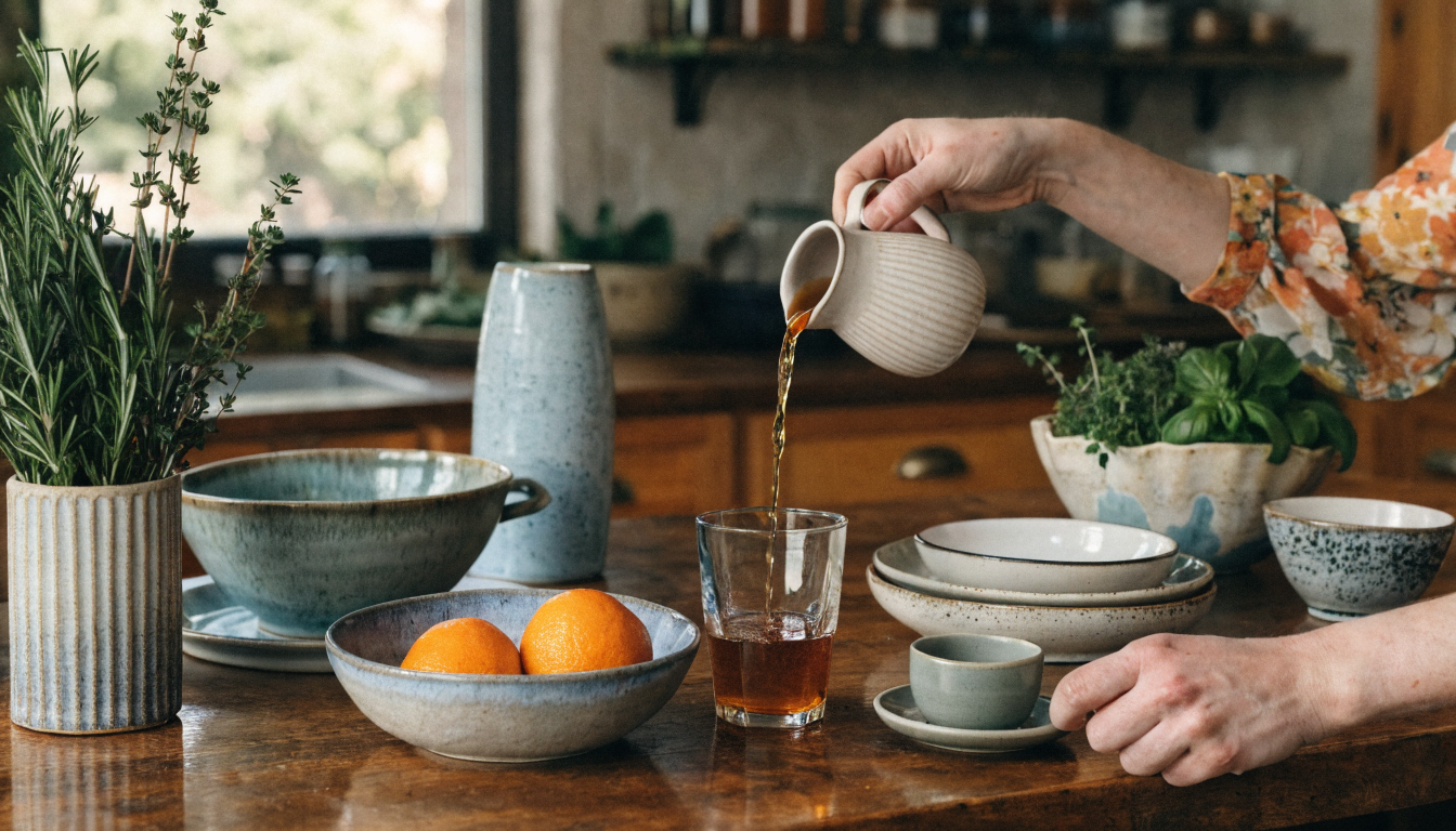 Hands styling a kitchen counter with ceramic ware and herbs, illustrating the finishing-touch stage of a design project.