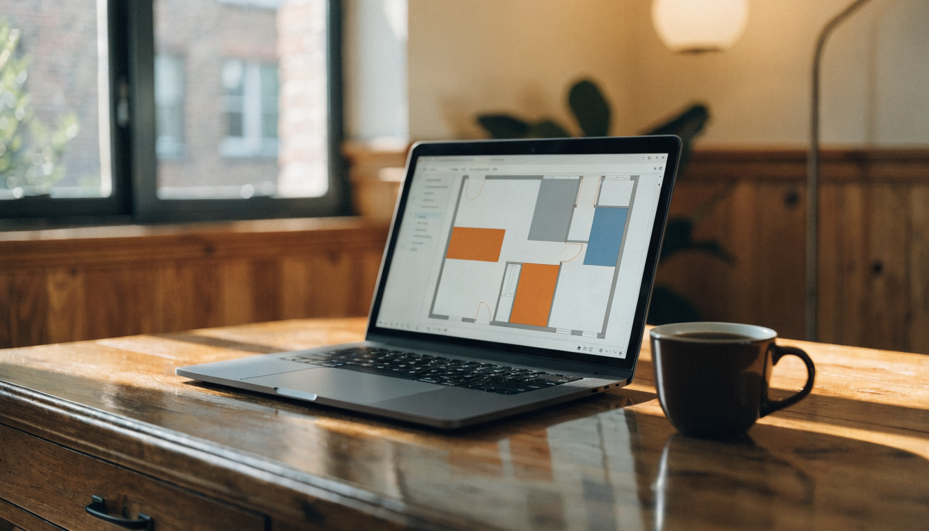 A laptop on a wooden desk showing a clean 2D floor plan app with rooms and walls, demonstrating how free online house design tools look in use.