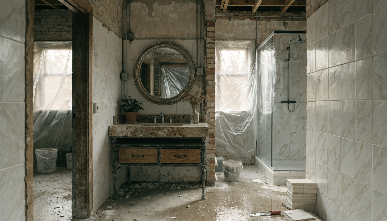 Before-and-after composition of a cluttered desk piled with papers on the left and the same desk cleared to a single notebook and mug on the right.