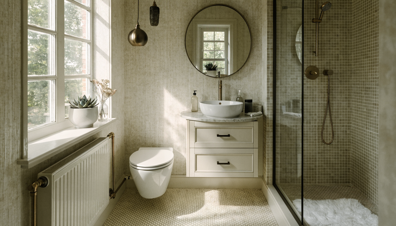 A serene empty entryway with a single coat hook, a woven mat on the floor, and warm morning light on pale plaster walls, showing a finished declutter outcome.
