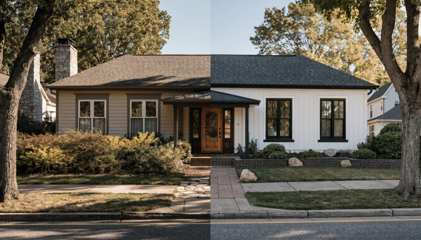 Before-and-after split view of the same suburban home, left half tired beige siding with overgrown shrubs, right half refreshed white vertical siding with black-framed windows and modern landscaping.