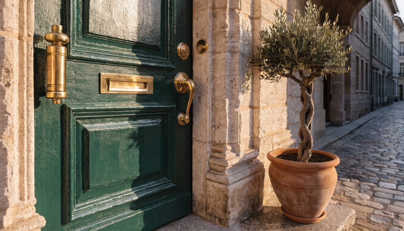 Close-up of a freshly painted deep-green front door with polished brass hardware, brass house numbers, and a potted olive tree on the threshold, demonstrating how a single door change reframes a facade.
