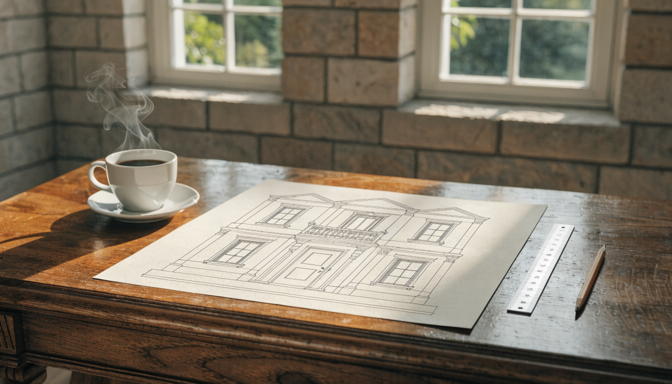 Architect's exterior elevation drawing of a two-story residential facade laid out on a wooden desk, beside a scale ruler, a pencil, and a coffee cup.