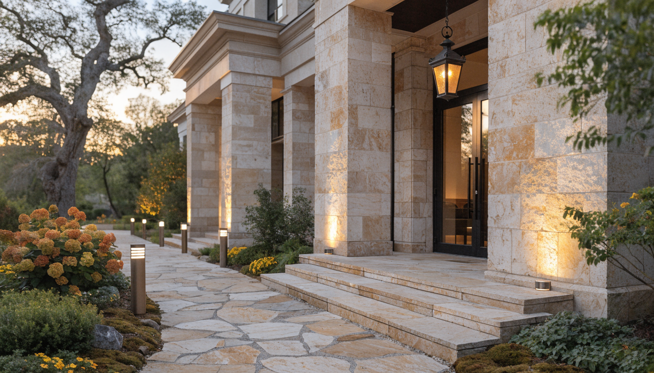 Evening photograph of a modern home with warm landscape uplighting on the facade, path lights along the front walkway, and a glowing front porch lantern.