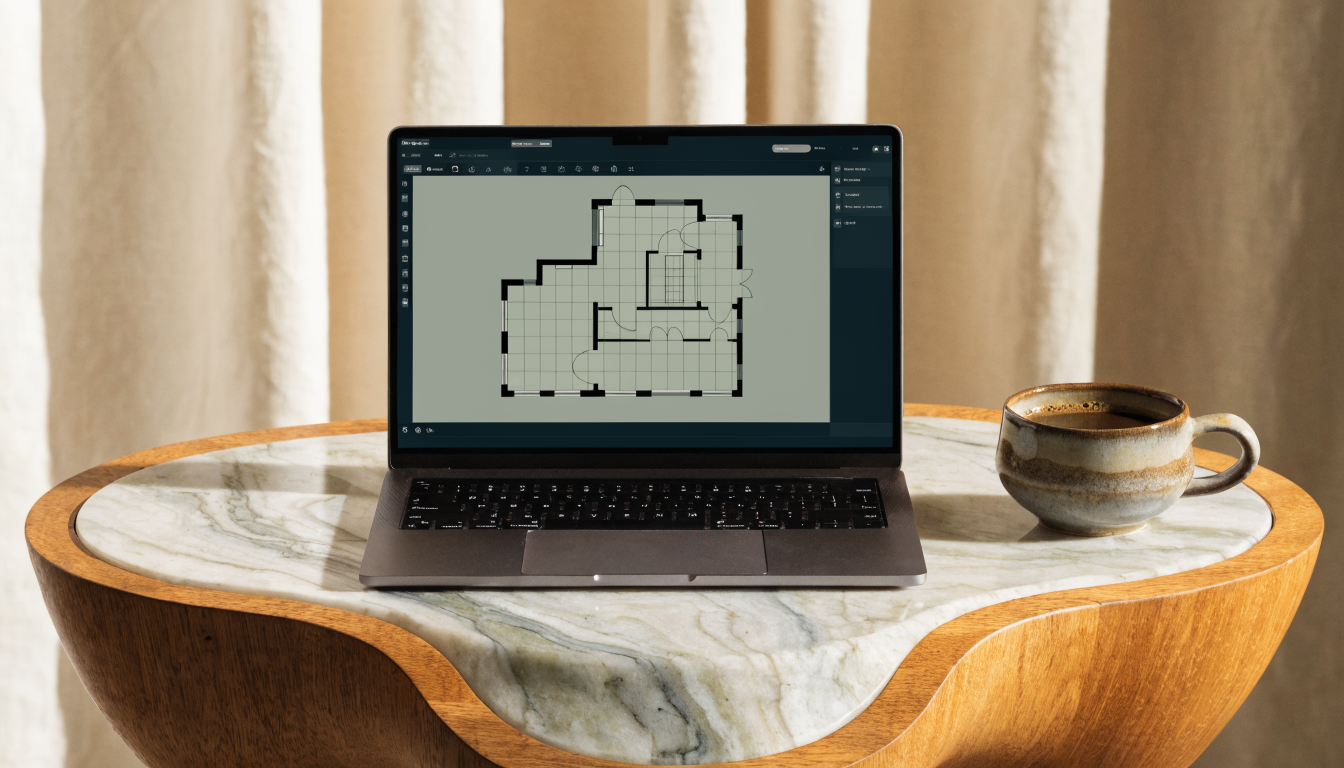 Laptop displaying a floor plan application beside a warm coffee mug, illustrating the iteration stage of a home plan workflow.