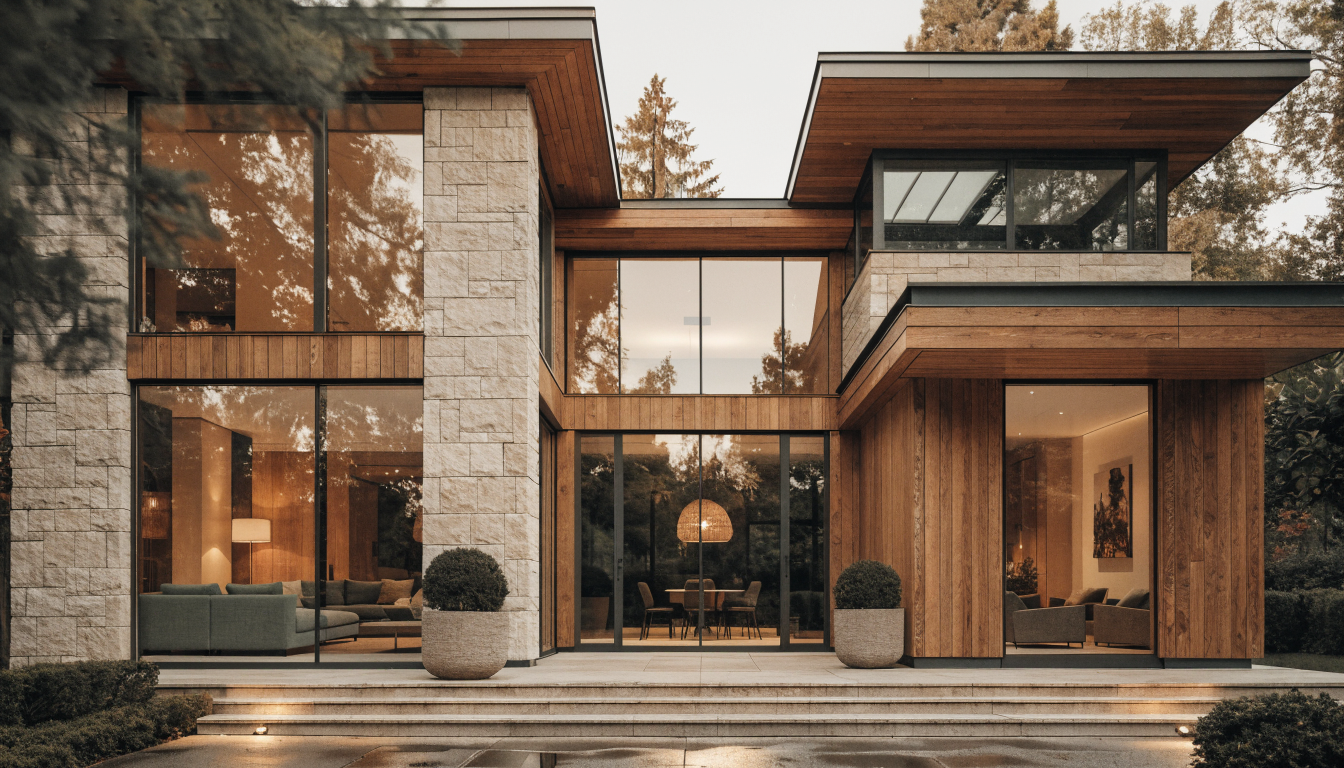 Modern suburban home at blue hour with warm interior lights, representing the final 3D visualization step of a home plan package.