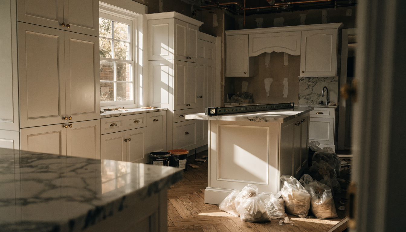 A kitchen mid-install with white shaker cabinetry, an uncovered marble island, and a contractor level on the countertop, representing the longest-offline phase of a typical whole-home remodel.