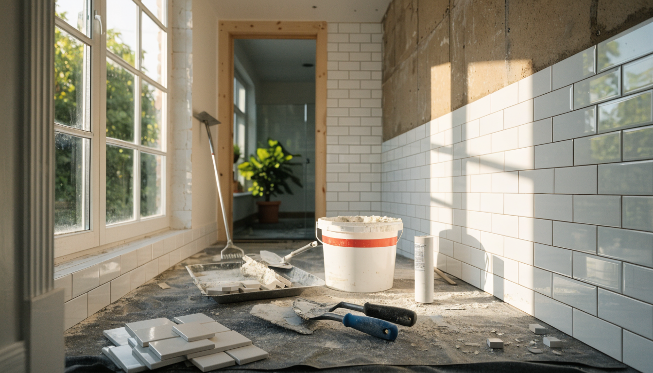 A bathroom mid-renovation with a half-finished subway tile wall, cement board exposed, and grout tools on a drop cloth, showing the trade-by-trade sequencing that bathrooms require.