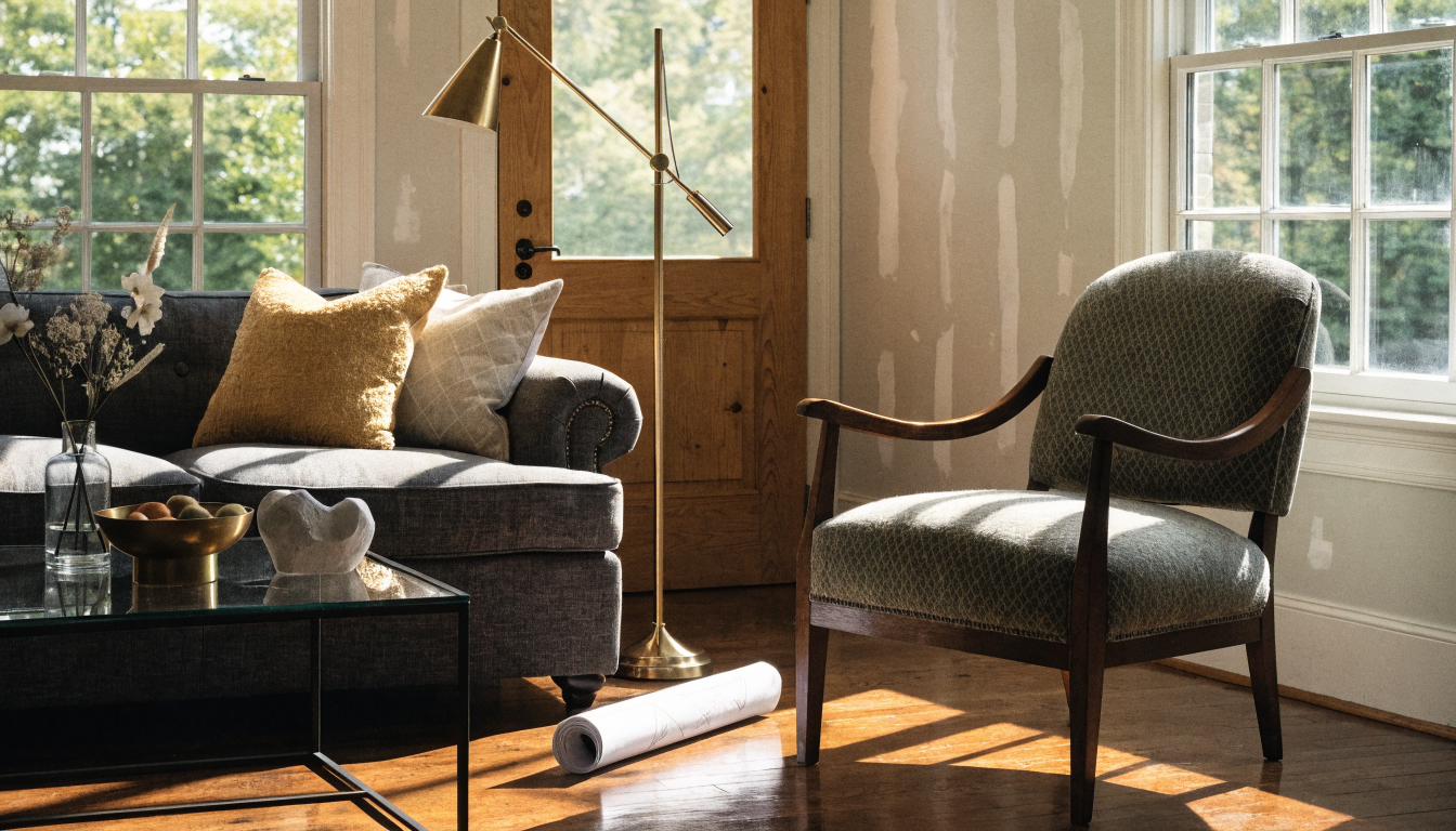 A living room with fresh drywall seams, a single brass floor lamp, and a roll of blueprints on the hardwood floor, showing the quiet phase between rough-in and finish.