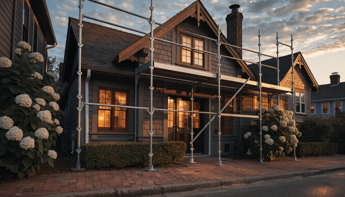 Exterior painting scaffolding at dusk against a craftsman home facade with golden interior window light, illustrating weather-sensitive exterior work.