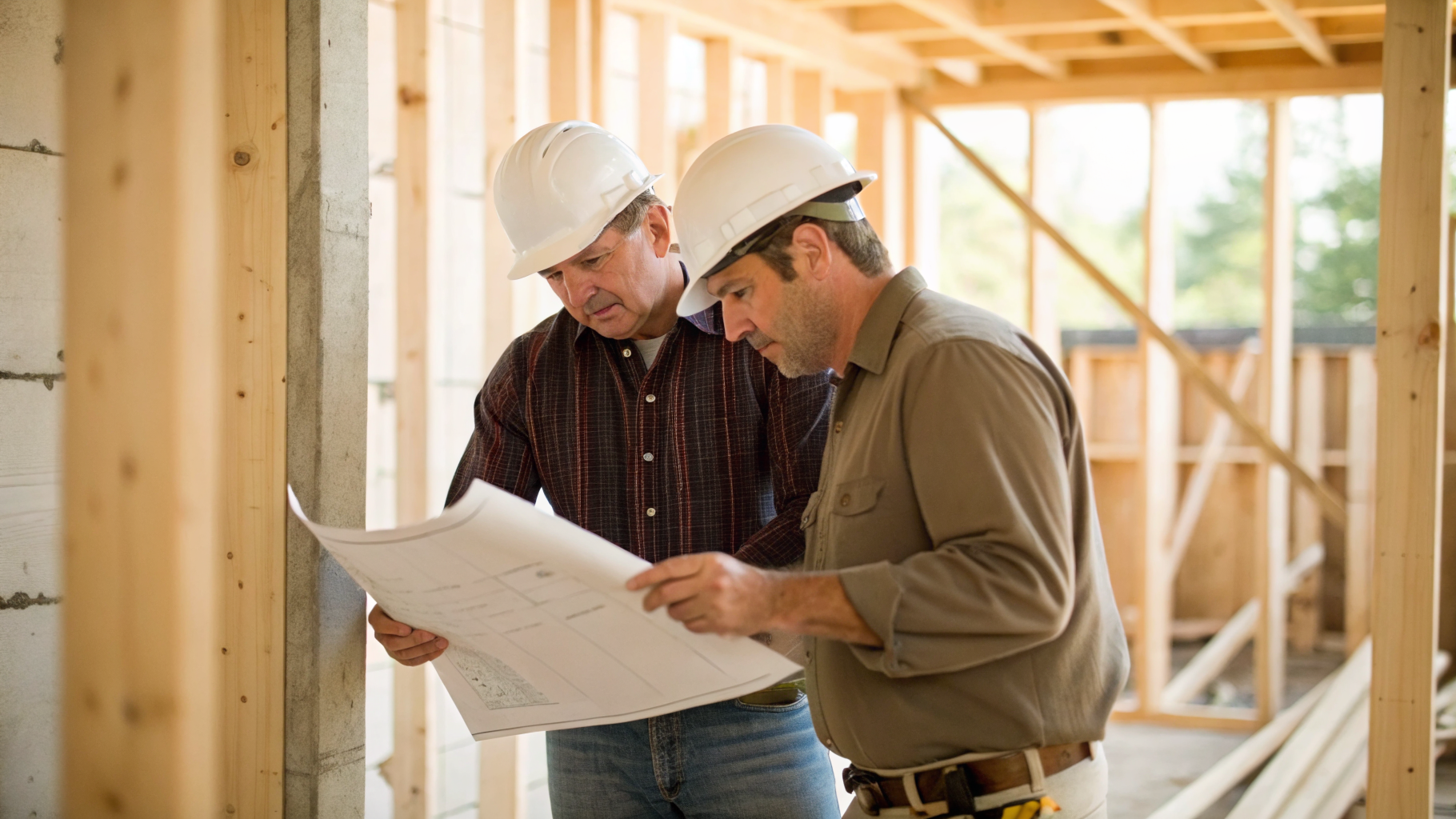 A contractor and homeowner reviewing printed renovation plans together on a framed construction site in warm daylight.
