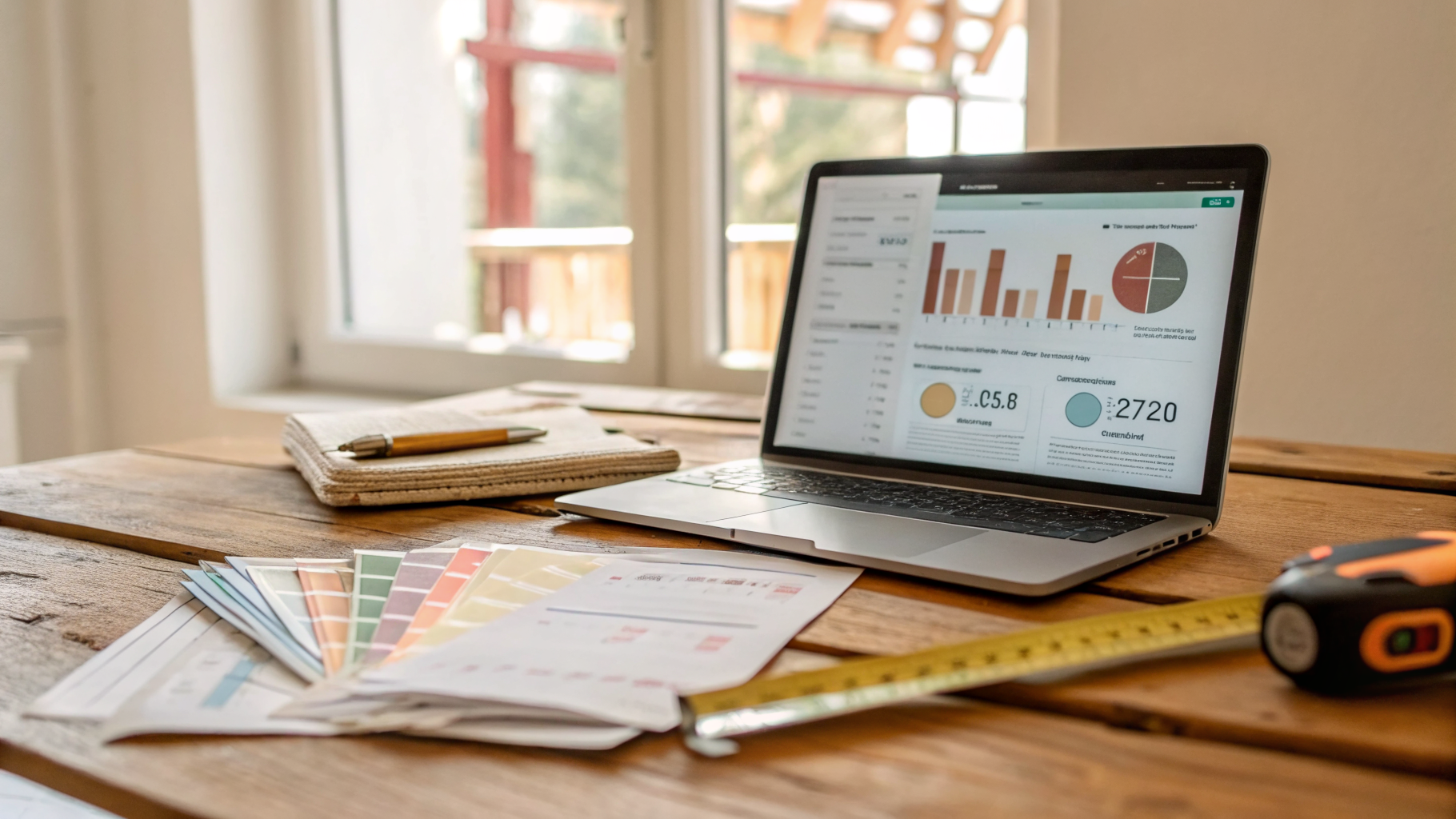 A laptop screen showing a digital budget tracker on a wooden table with paint swatches and a tape measure beside it.
