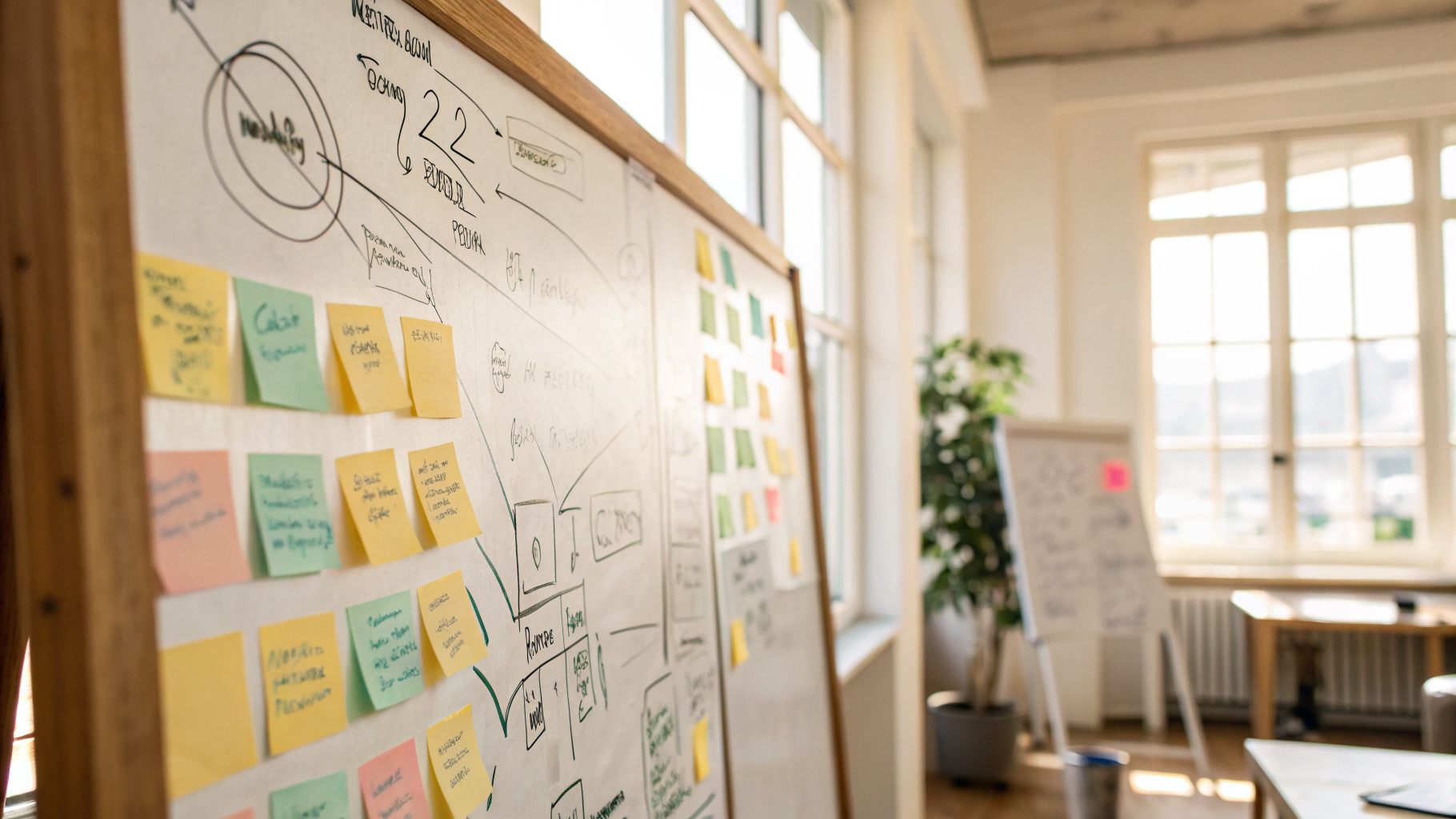 A whiteboard with a renovation timeline and colored sticky notes arranged by phase in soft daylight.