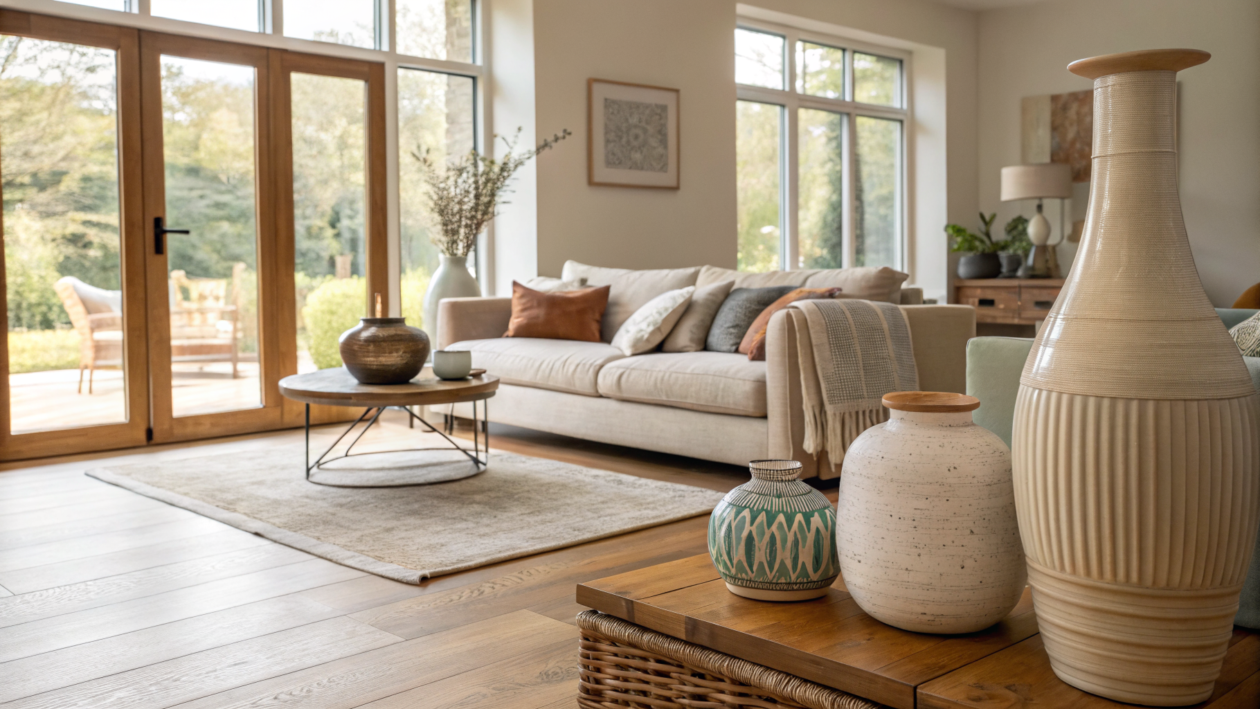 A finished modern living room representing the outcome of a completed renovation project, with oak flooring, a linen sofa, and tall sunlit windows.