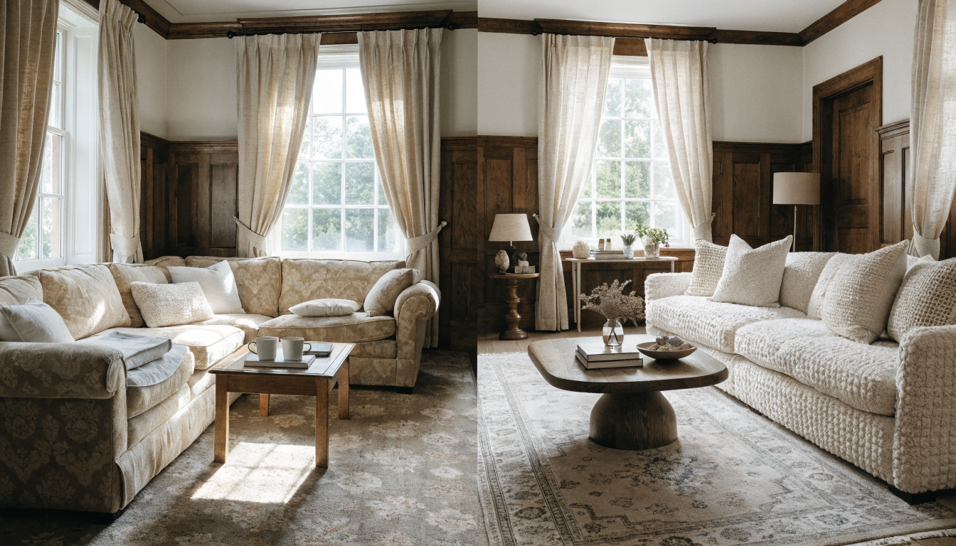 Before and after of a tired living room transformed with a boucle sofa, linen curtains, and layered neutral textiles.