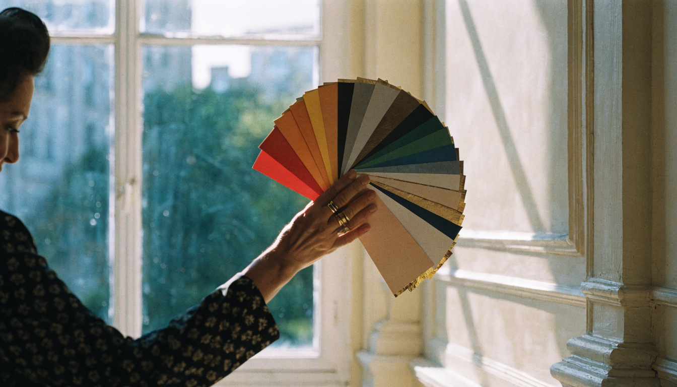 Designer holding a fan of paint swatches against a pale plaster wall in natural daylight, illustrating the paint-first approach to a room redesign.