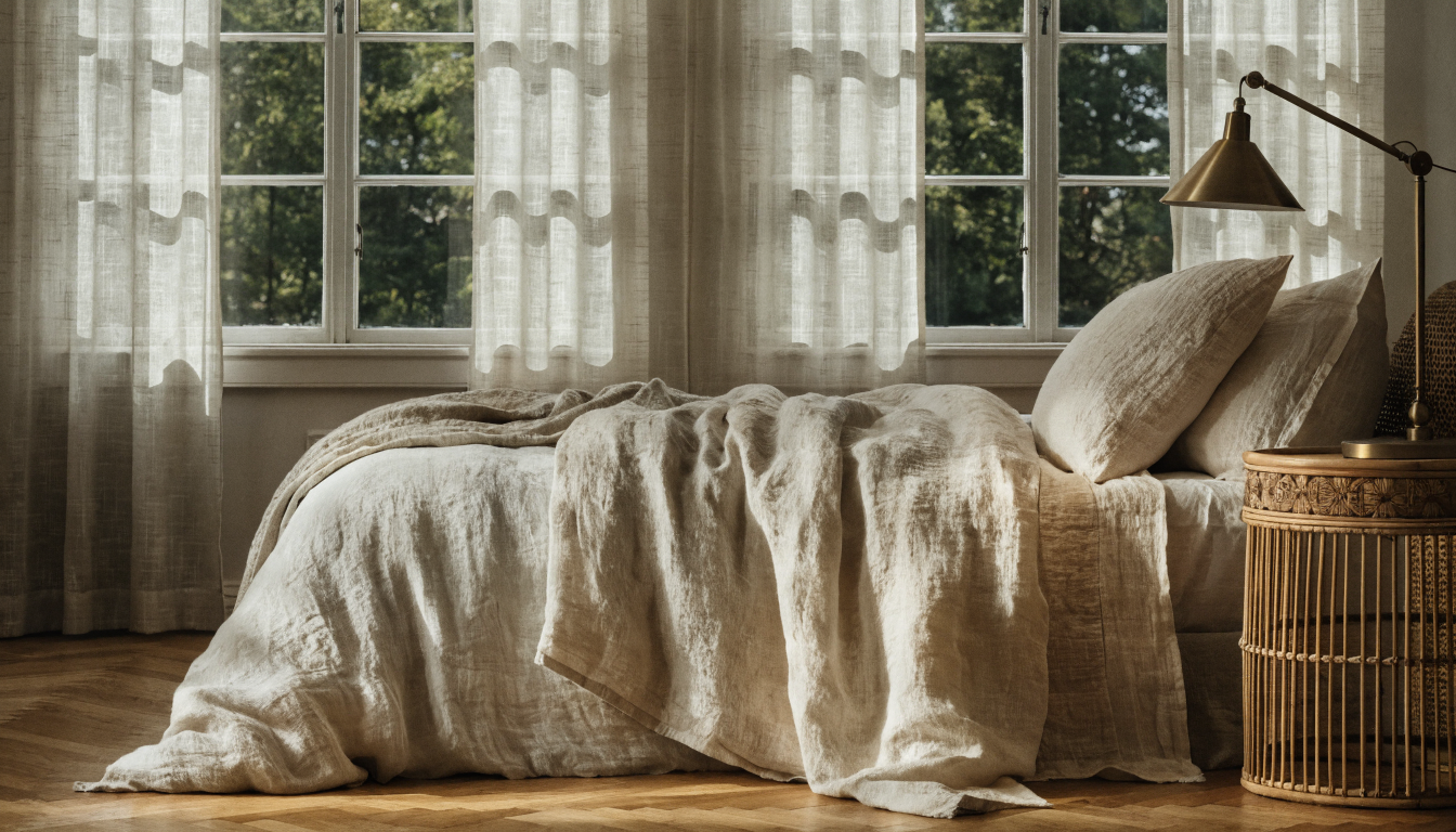 Restyled bedroom with layered linen bedding in oatmeal and cream tones, a rattan side table, and a brass reading lamp in soft morning light.