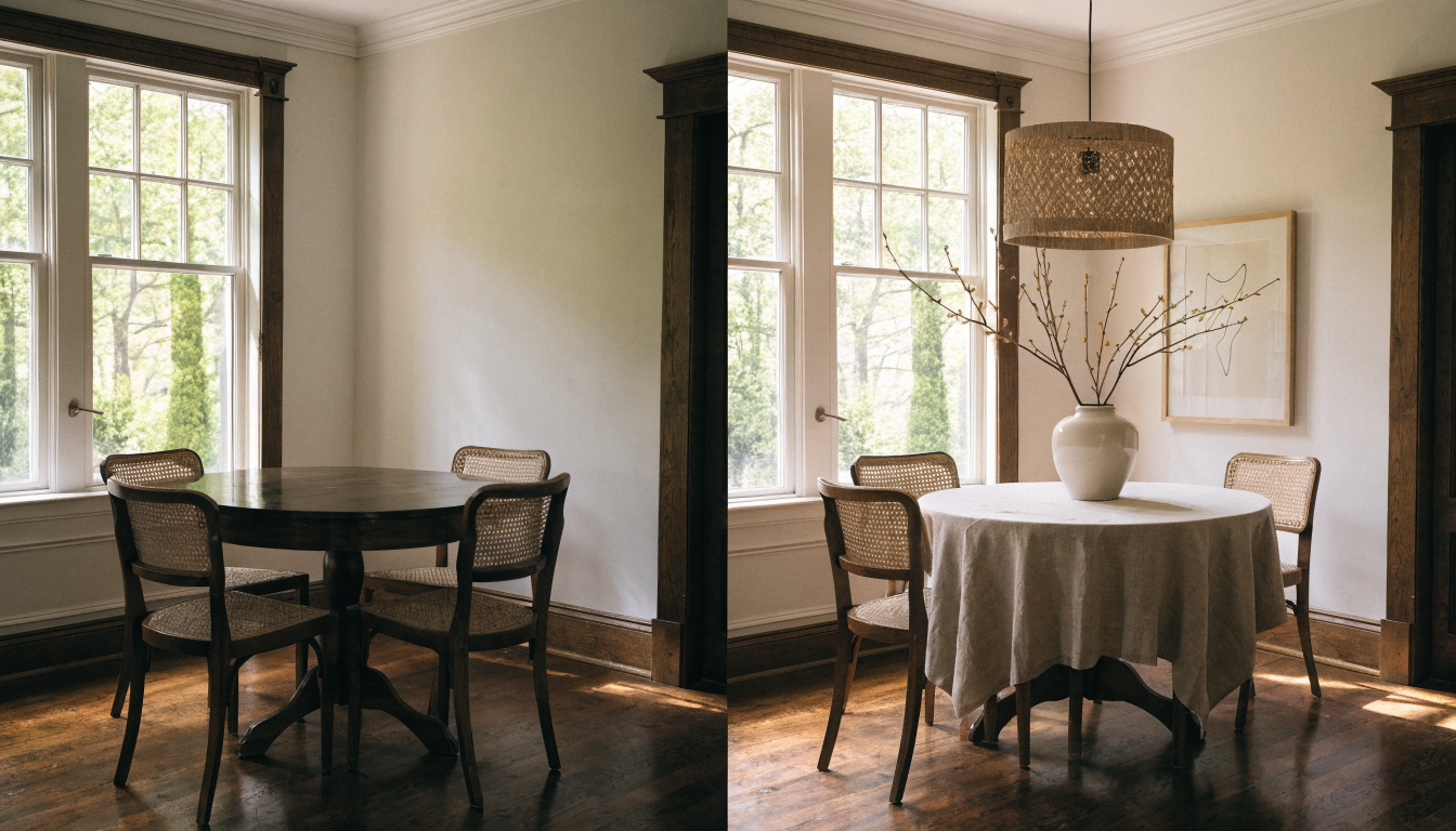 Before and after of an empty dining corner styled with a linen tablecloth, woven pendant lamp, ceramic vase with branches, and framed artwork.