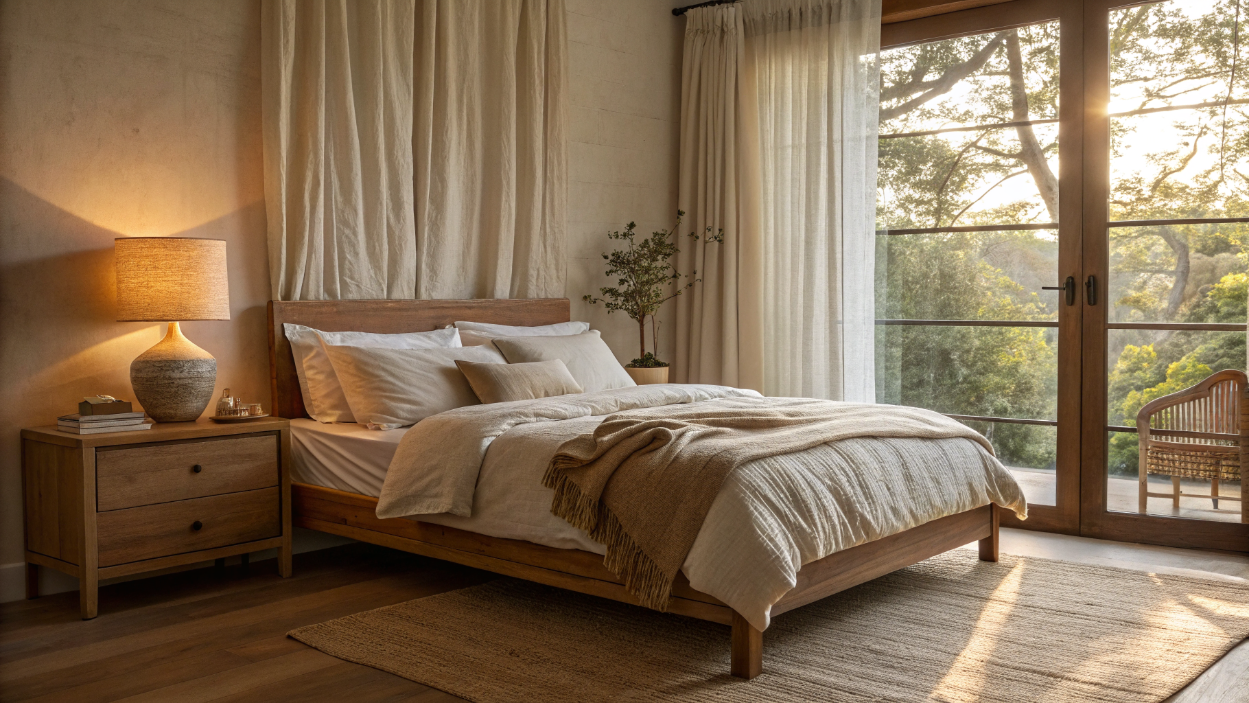Finished bedroom with warm sunset light streaming through linen curtains, a low oak bed with rumpled cream bedding, and a ceramic lamp on the side table.