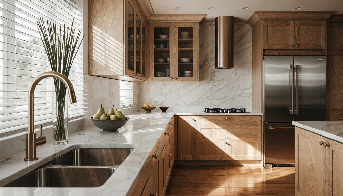 L-shaped modern kitchen with the work triangle visible between sink, cooktop, and refrigerator, light oak cabinetry and white stone counters.