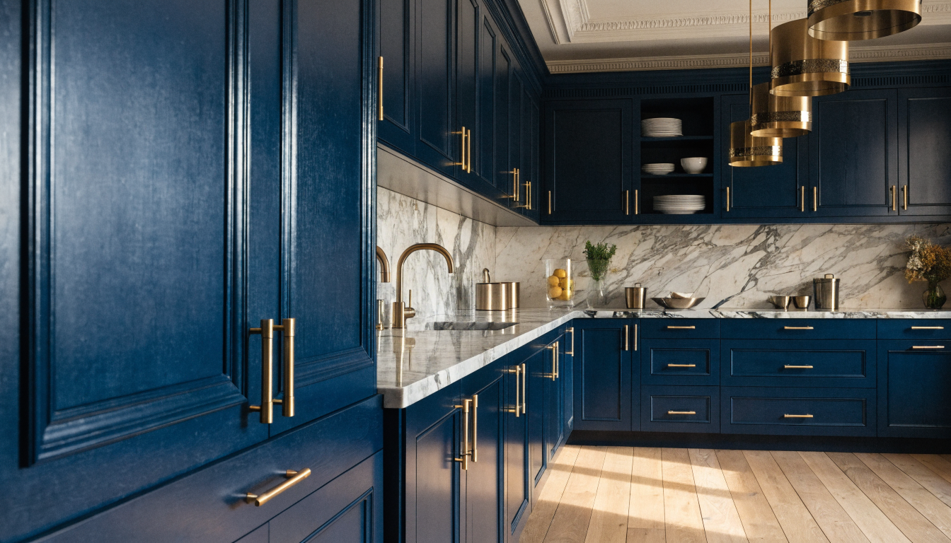 U-shaped kitchen with dark navy cabinets, brass hardware, and marble backsplash showing generous counter runs on three sides.