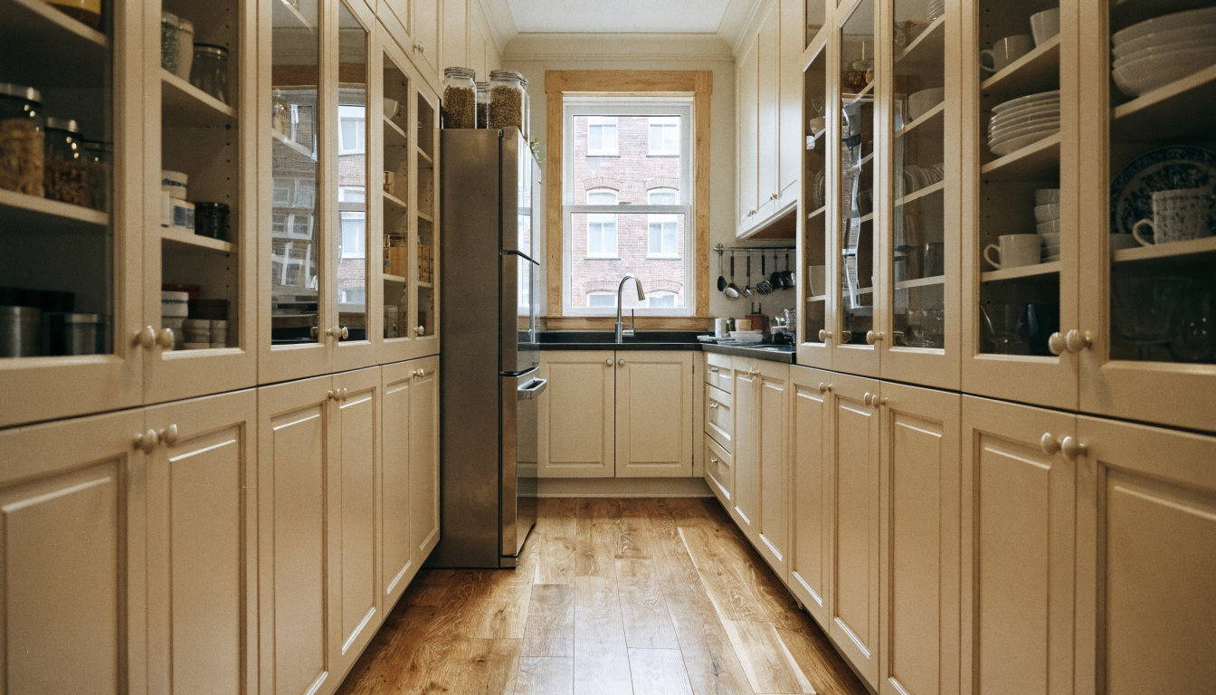 Small galley kitchen maximized with tall pantry cabinets on both sides, pale cream cabinetry, warm wood floor, natural light from the far end.