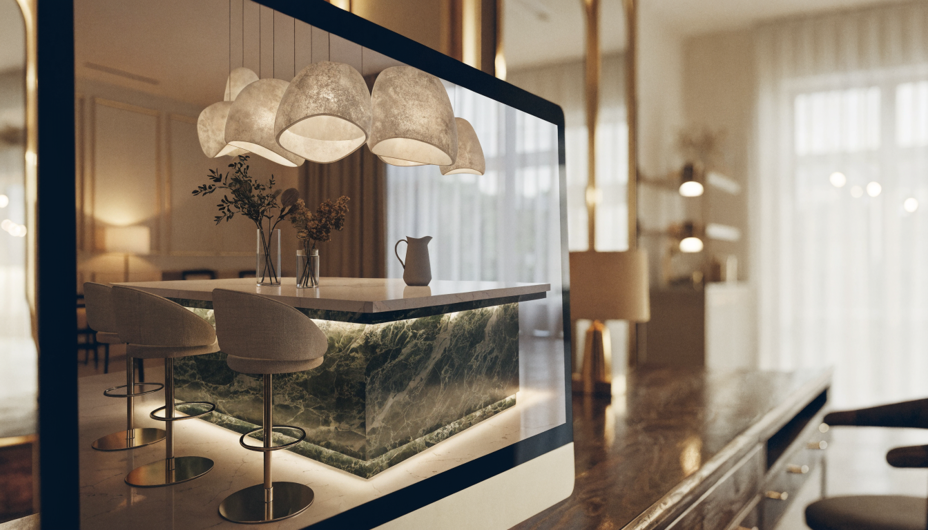 Kitchen island design rendered in 3D on a computer monitor on a designer desk, showing photorealistic stools and pendant lighting on screen.