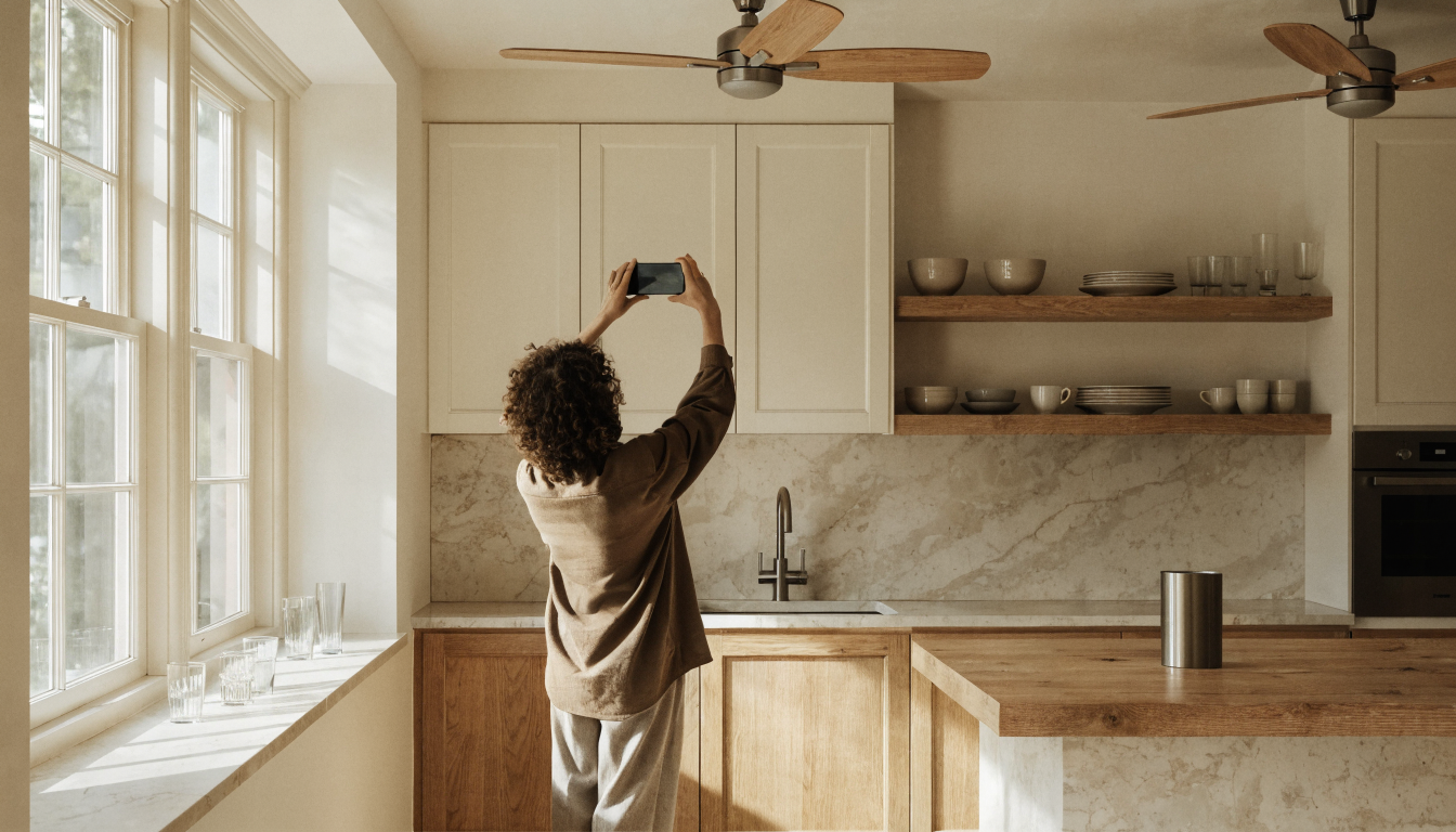 Homeowner holding a smartphone at counter height to photograph their own kitchen in daylight, preparing a reference image for a virtual kitchen visualizer.