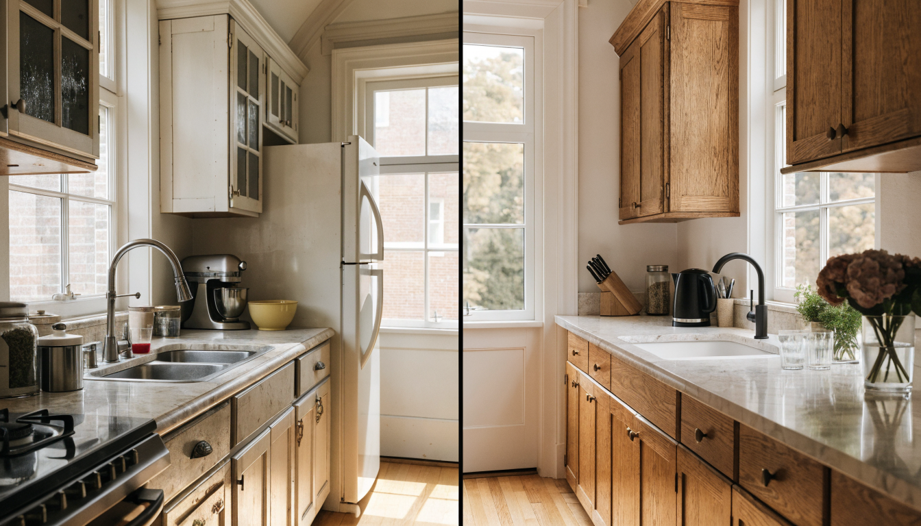 Side by side comparison of a tired dated kitchen on the left and the same kitchen restyled with fresh cabinetry on the right, illustrating a virtual kitchen visualizer output.