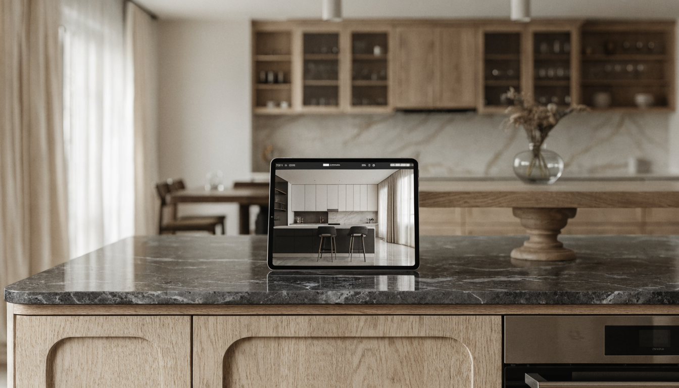 Tablet on a kitchen counter displaying a kitchen visualizer interface with a rendered kitchen scene, showing how the photo-to-render workflow is reviewed.