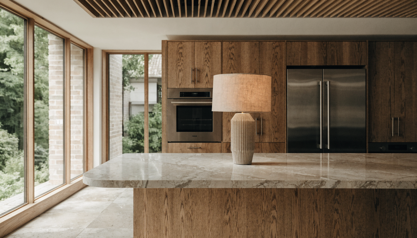 Finished modern kitchen with a warm table lamp glowing on the island at evening, the final look produced through a photo-to-render virtual kitchen visualizer workflow.
